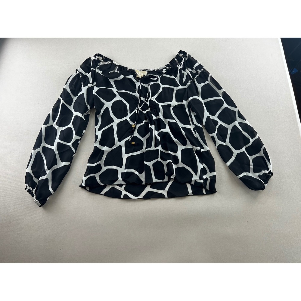 MICHAEL Michael Kors Black White Giraffe Print Off Shoulder Silk Blouse Top